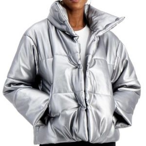 INC Faux Leather Puffer Coat Silver